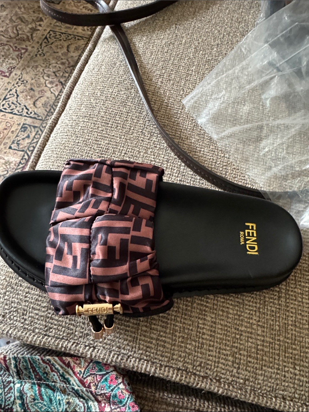 Fendi Black Footbed Slide with Brown FF Monogram Strap